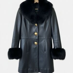 🖤✨ DANIER ✨🖤 Black Leather Coat With Fur Collar Cuffs and Gold Buttons, Size M